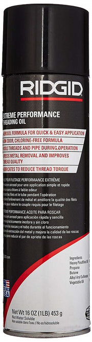 Black aerosol can of RIDGID Extreme Performance Threading Oil with white and red label, 16 oz size.