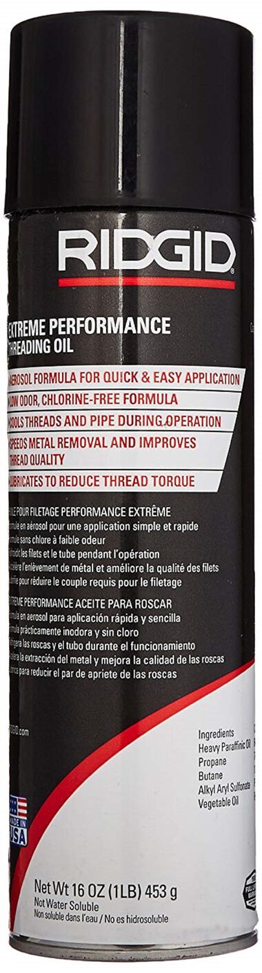 Black aerosol can of RIDGID Extreme Performance Threading Oil with white and red label, 16 oz size.
