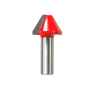 Red lettering router bit with metallic shank and angled cutting head for engraving work.