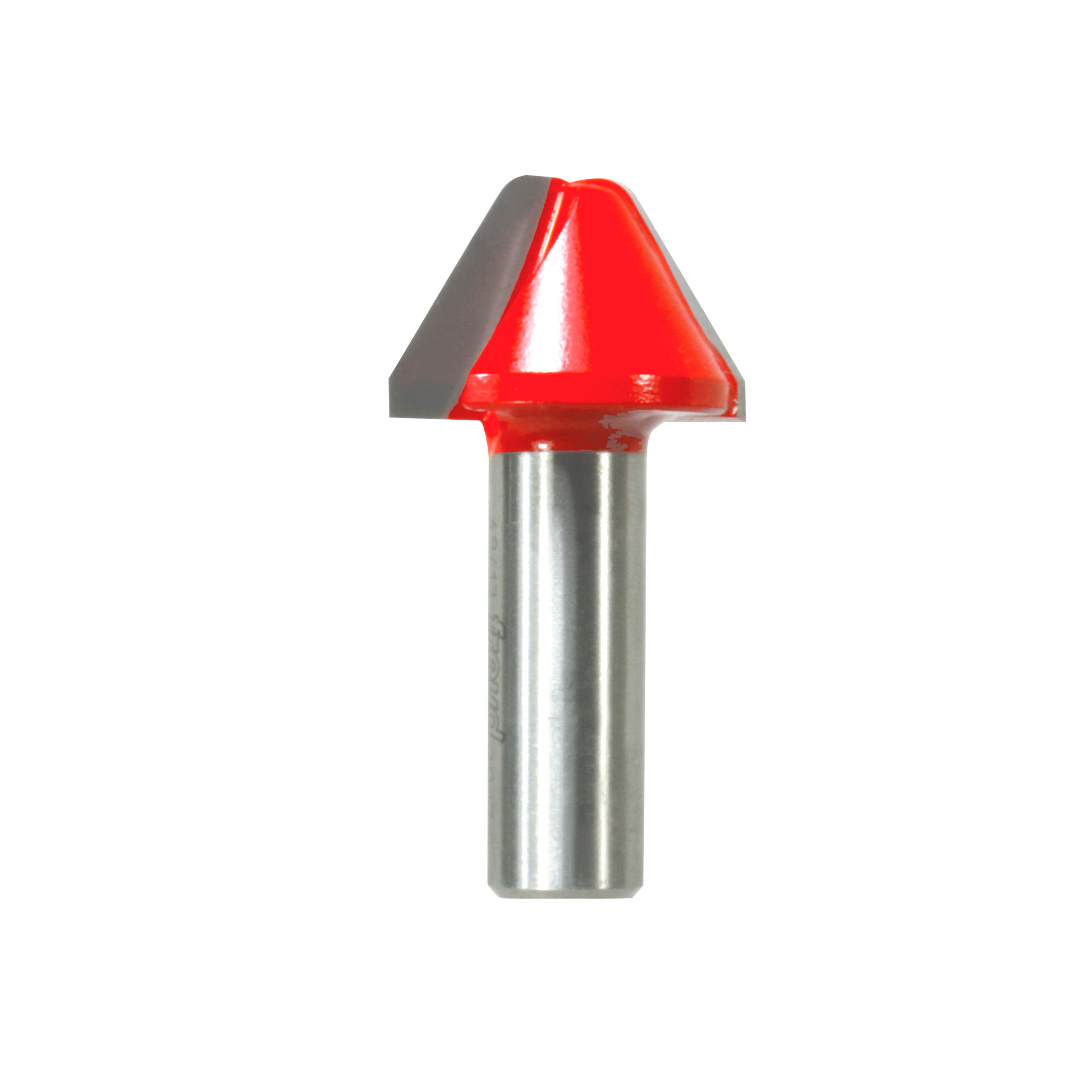 Red lettering router bit with metallic shank and angled cutting head for engraving work.
