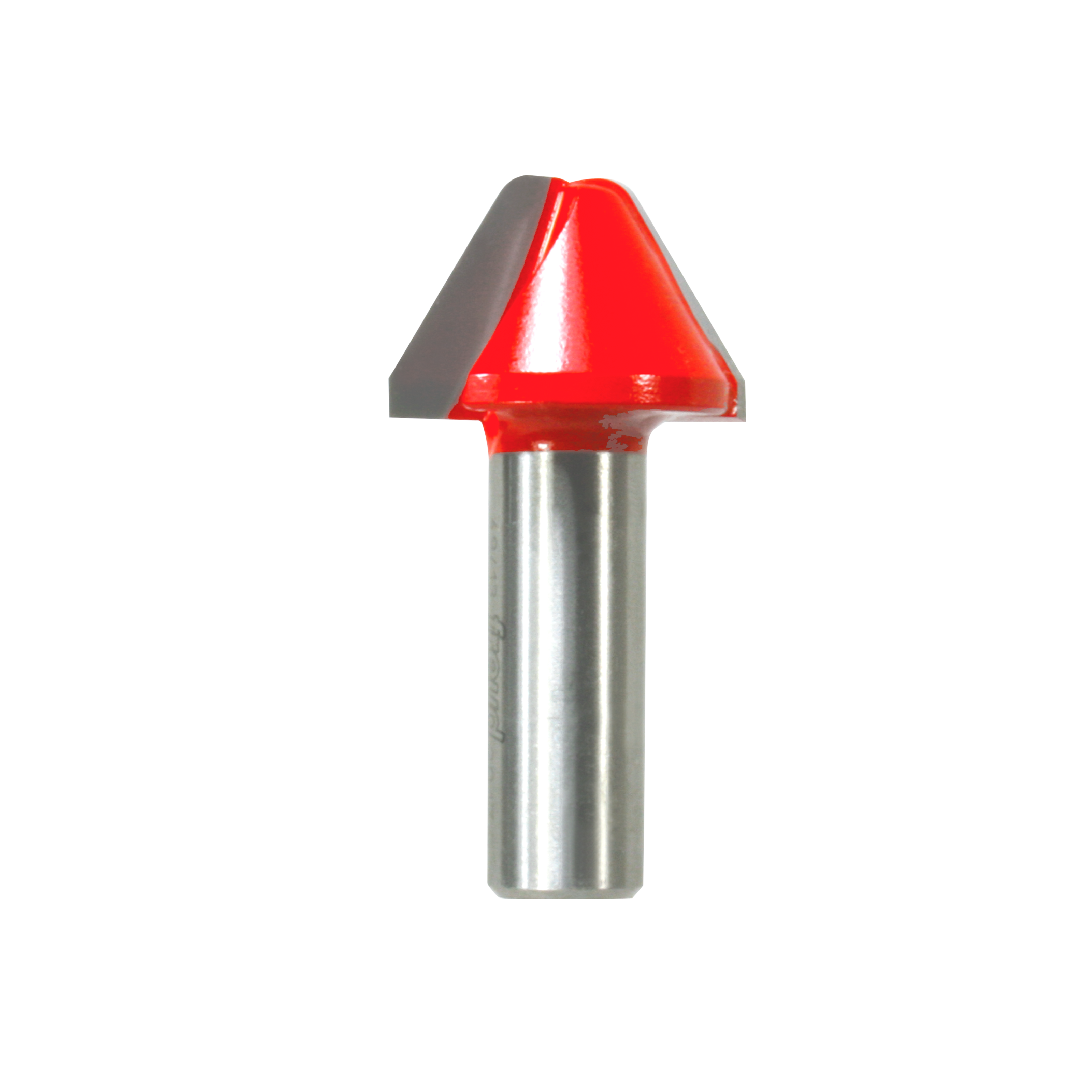 Red lettering router bit with metallic shank and angled cutting head for engraving work.