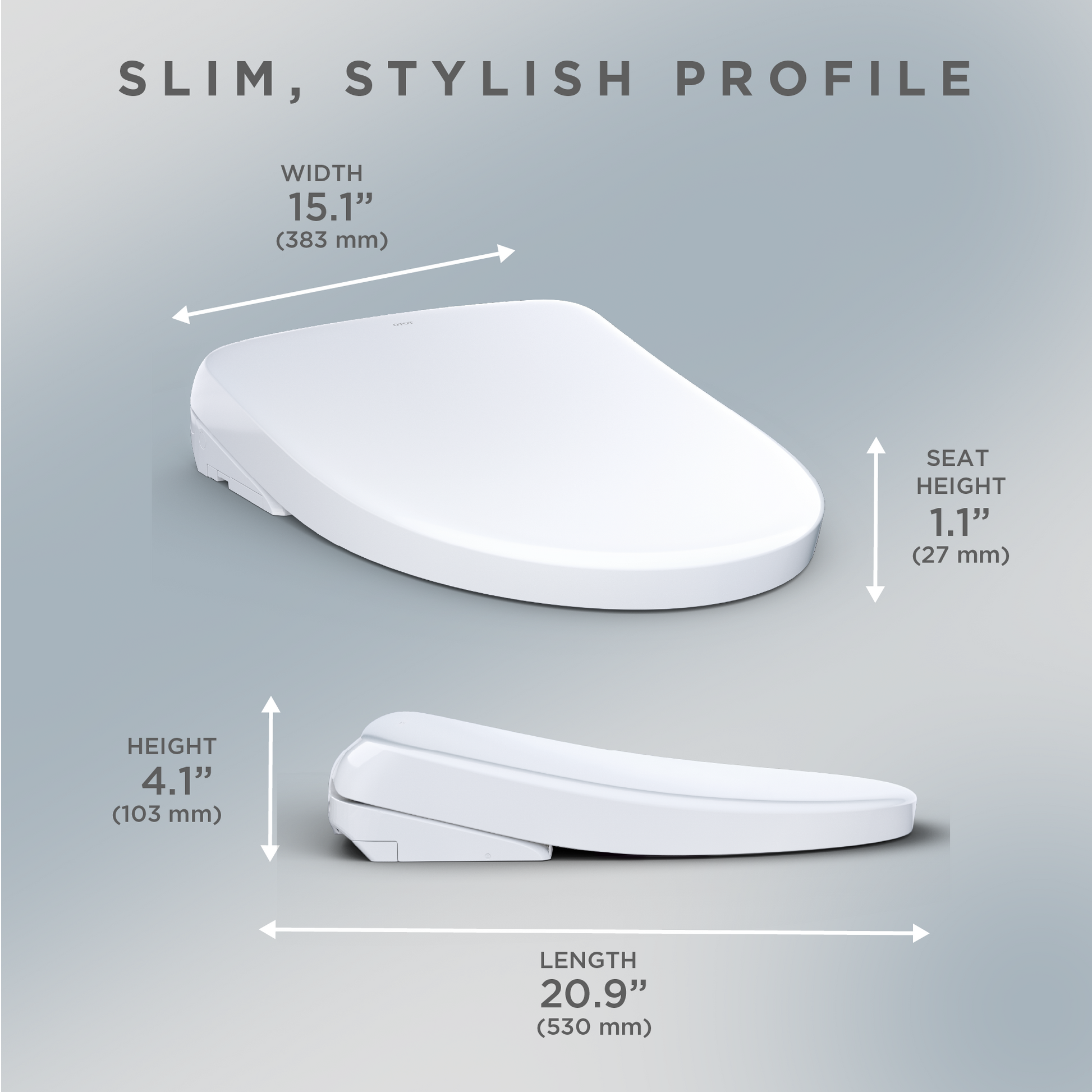 White elongated bidet seat shown from top and side angles with dimension measurements: 15.1" width, 20.9" length, 4.1" height