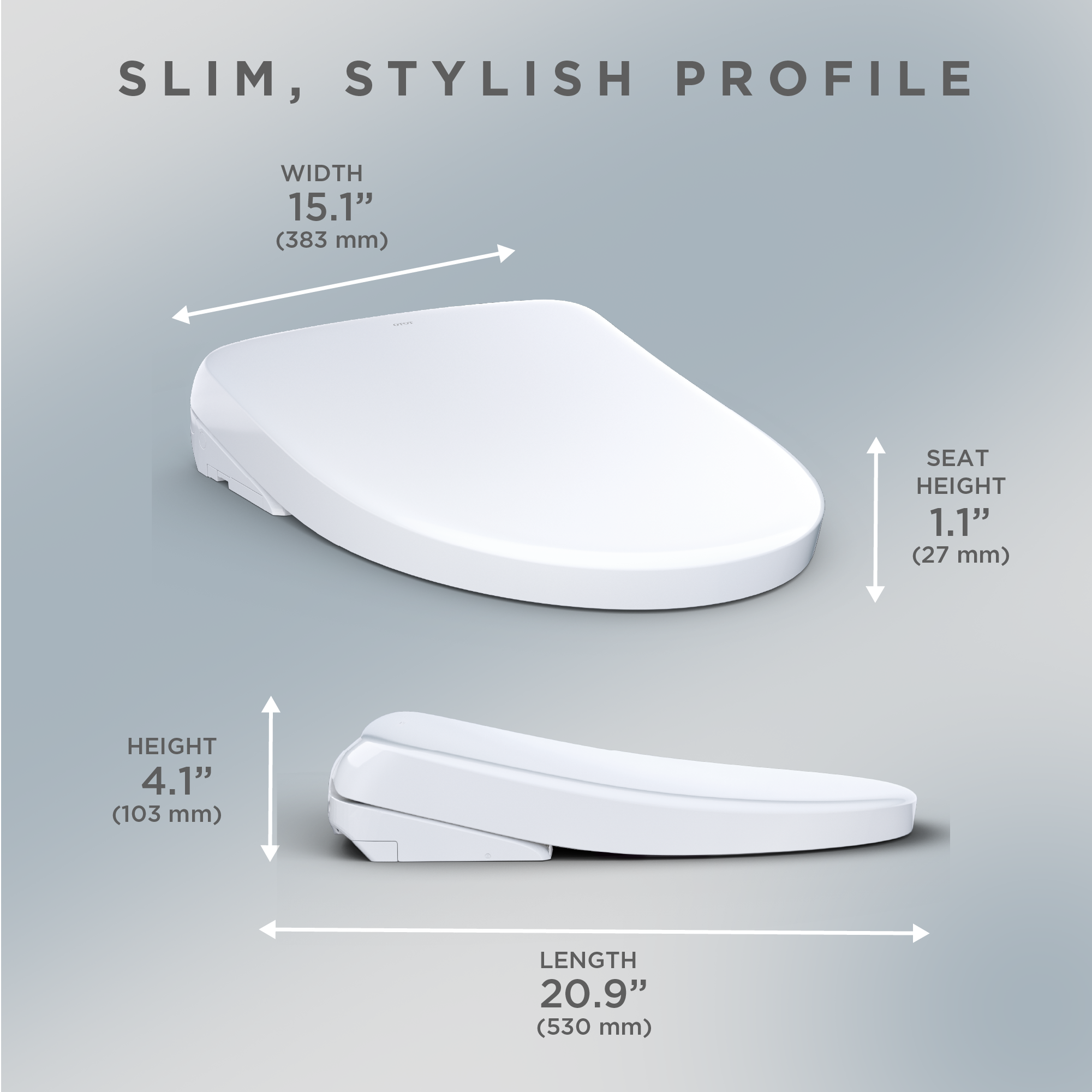 White elongated bidet seat shown from top and side angles with dimension measurements: 15.1" width, 20.9" length, 4.1" height