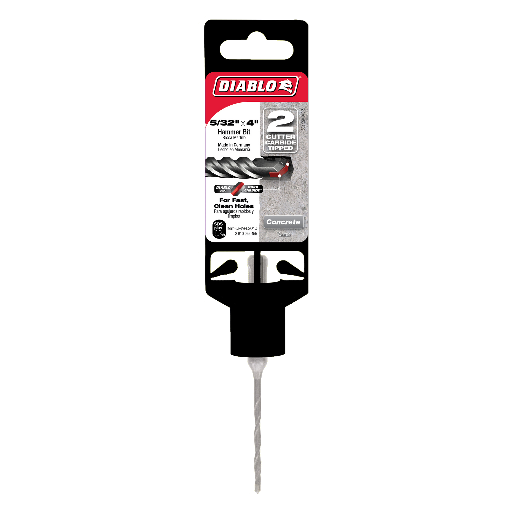Diablo SDS-Plus hammer drill bit with black handle and two-cutter carbide tip for concrete drilling.