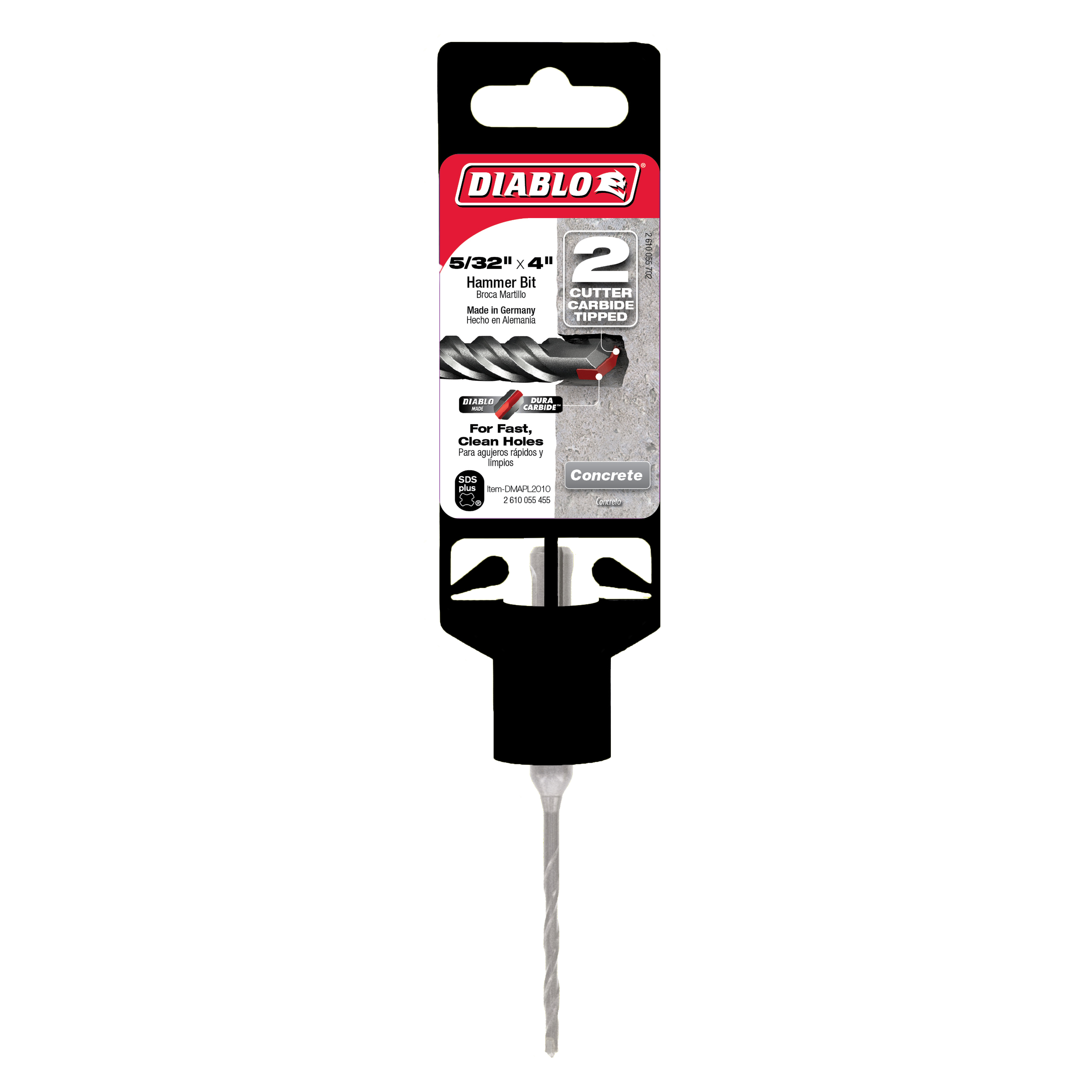Diablo SDS-Plus hammer drill bit with black handle and two-cutter carbide tip for concrete drilling.