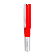 Red and silver straight router bit with two flutes and cylindrical cutting head.