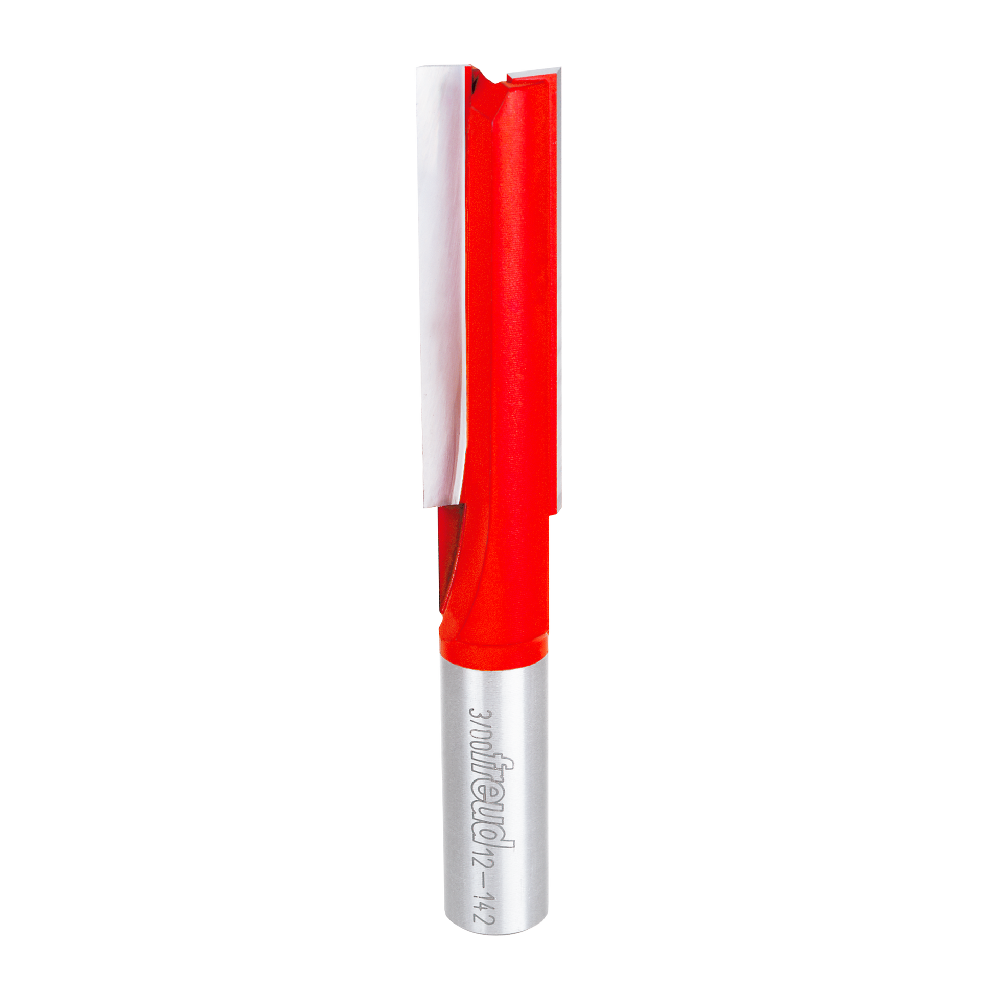 Red and silver straight router bit with two flutes and cylindrical cutting head.