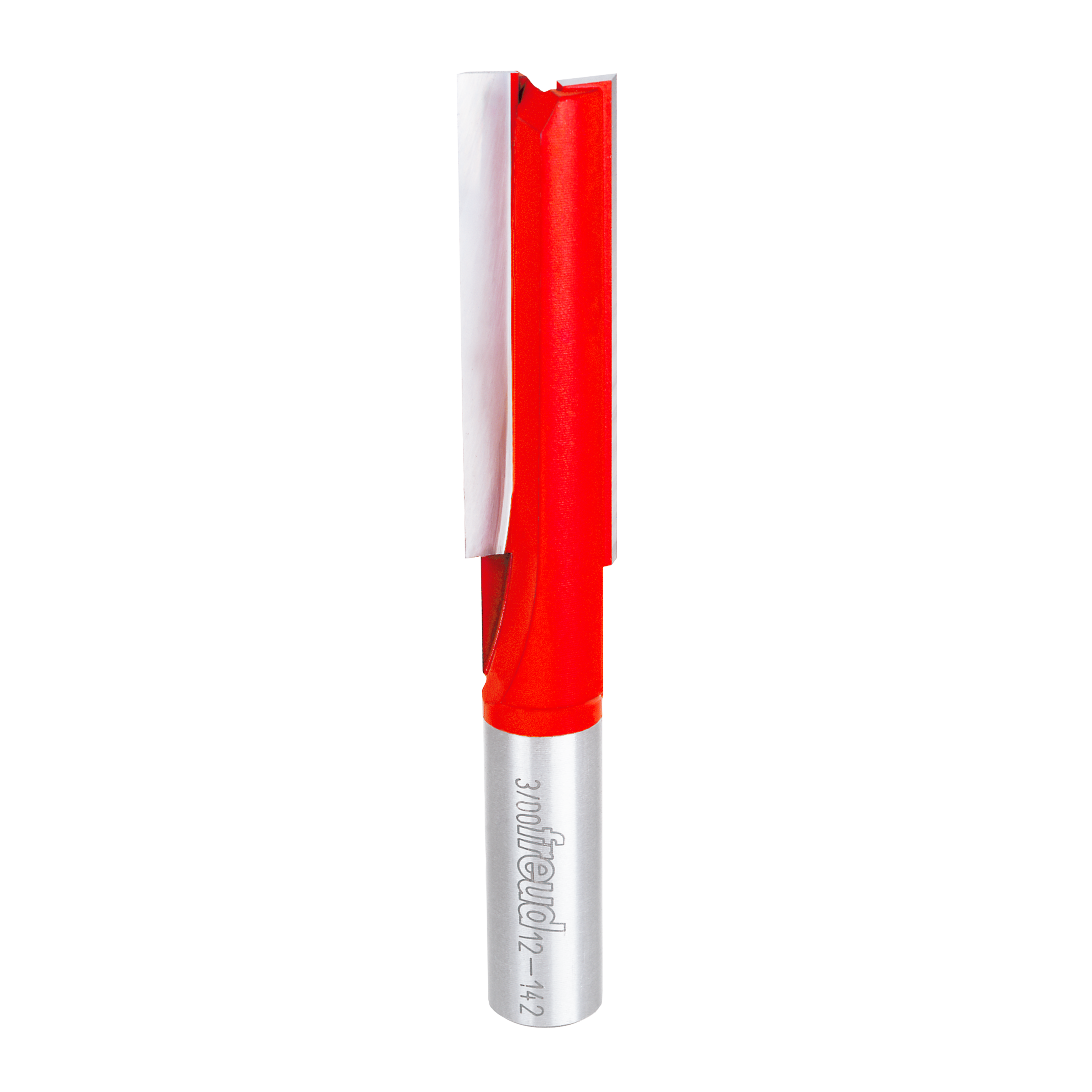 Red and silver straight router bit with two flutes and cylindrical cutting head.
