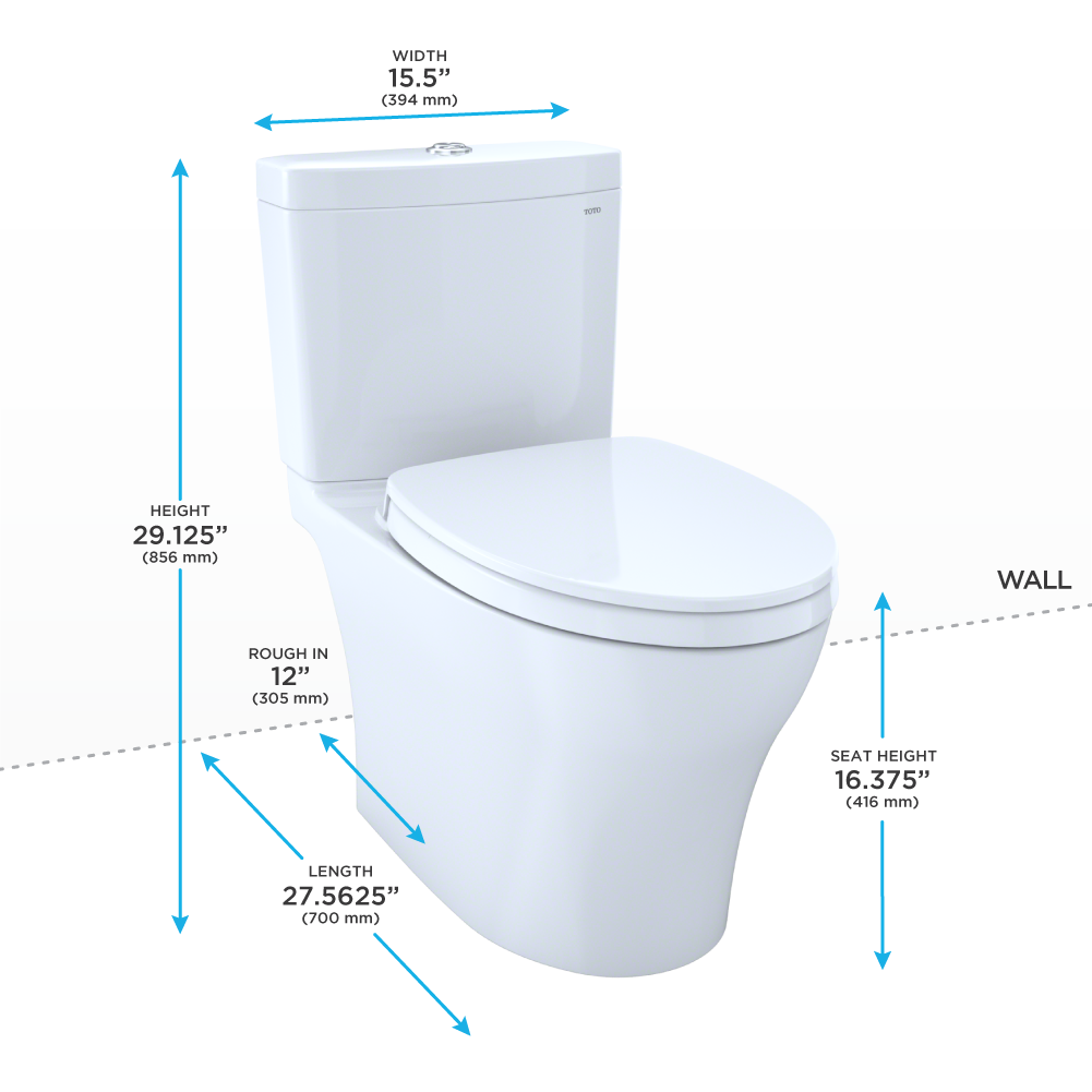 Bone-colored two-piece elongated toilet with soft-close seat and dimensions labeled, including 15.5" width and 27.6" length.