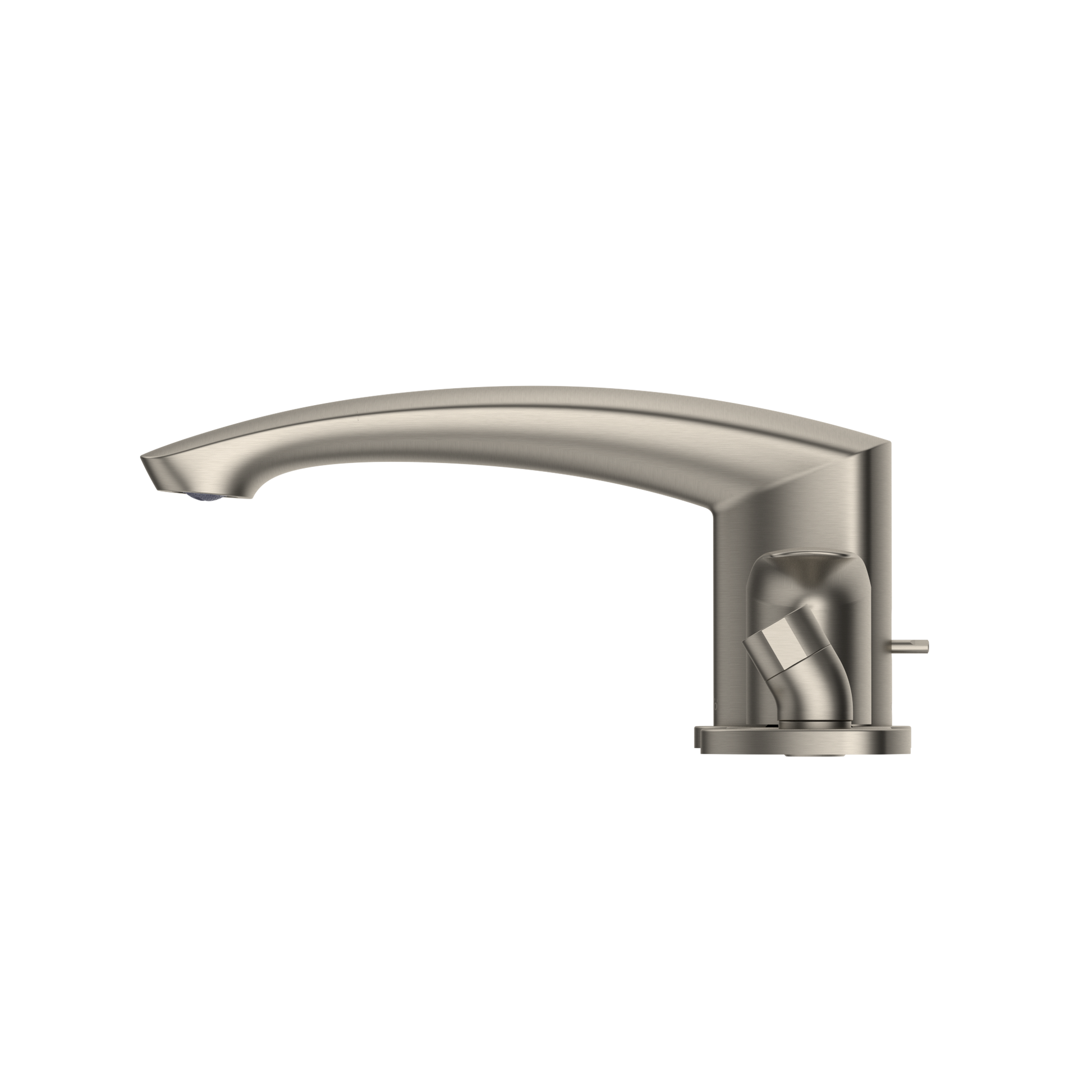 Brushed nickel deck-mount roman tub filler with curved spout and single lever handle control.