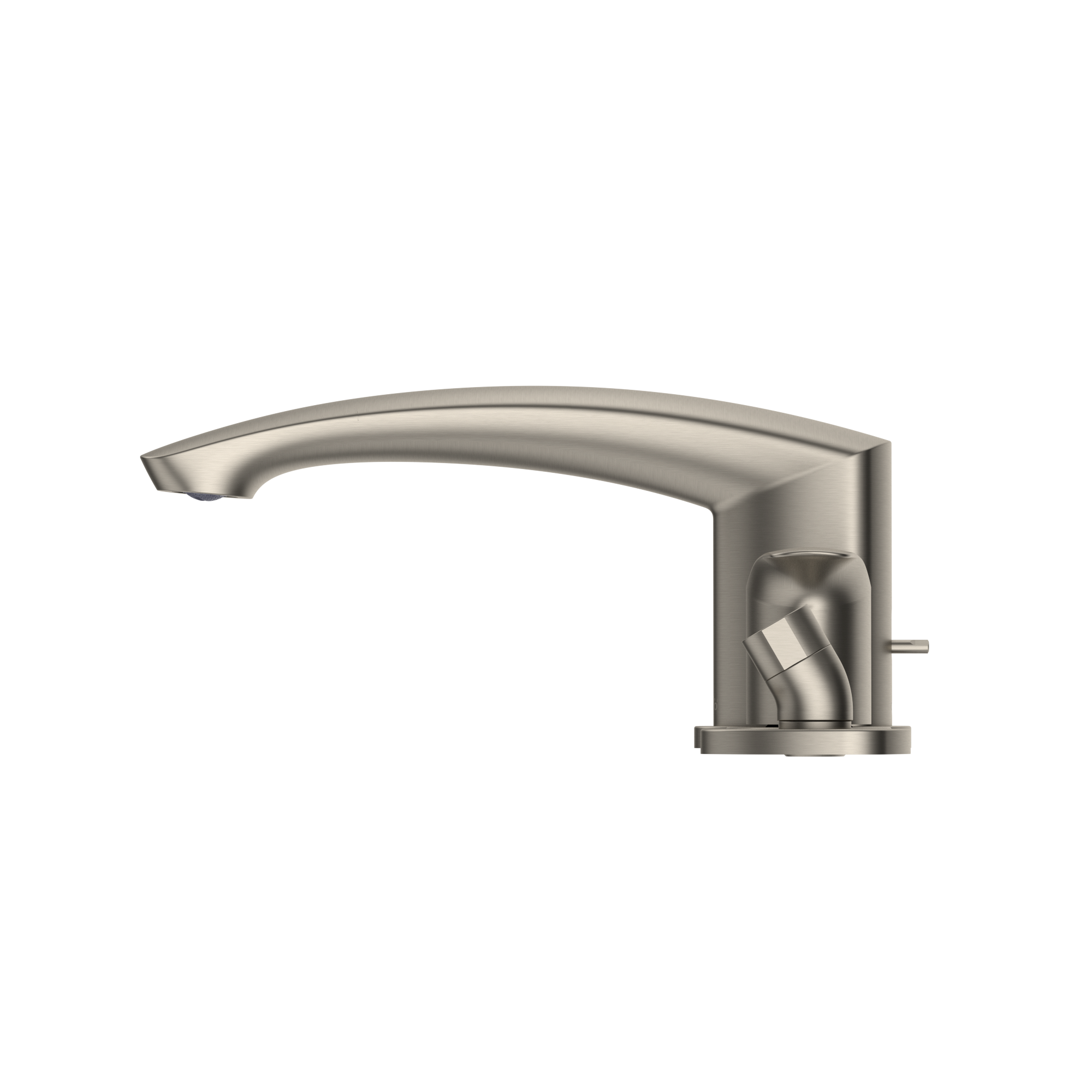 Brushed nickel deck-mount roman tub filler with curved spout and single lever handle control.