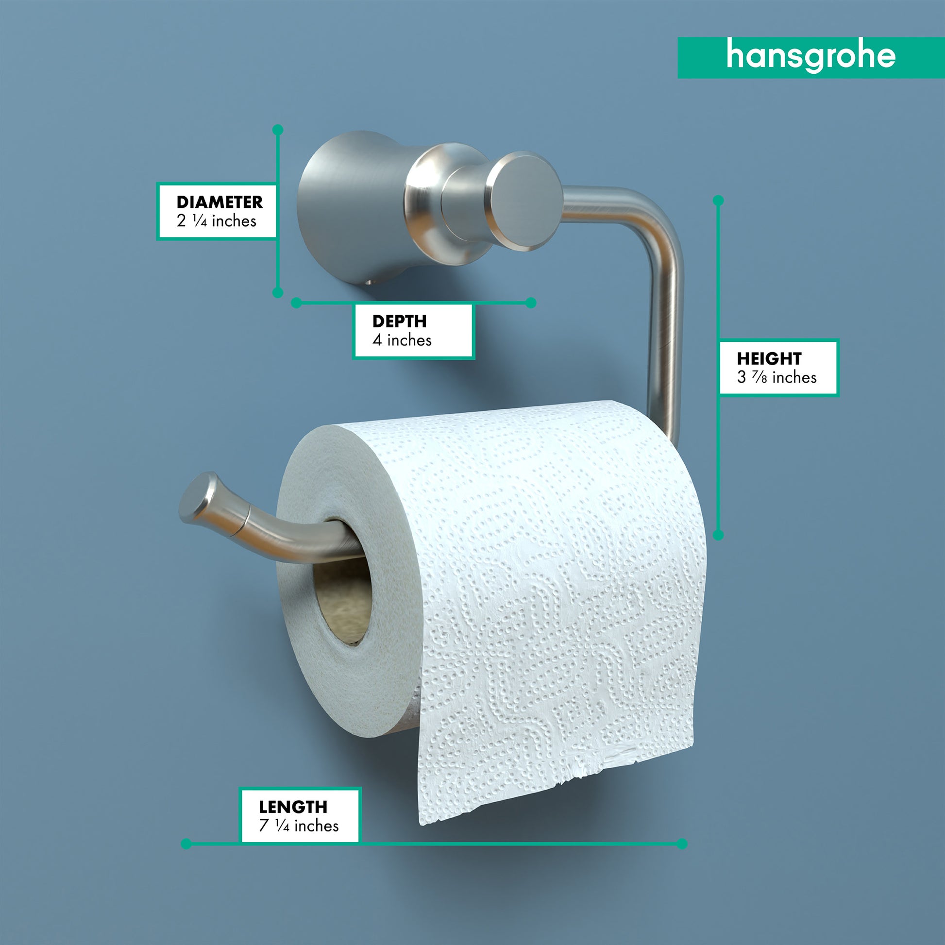 Brushed nickel toilet paper holder with curved arm and cylindrical roll holder, shown with white toilet paper roll.