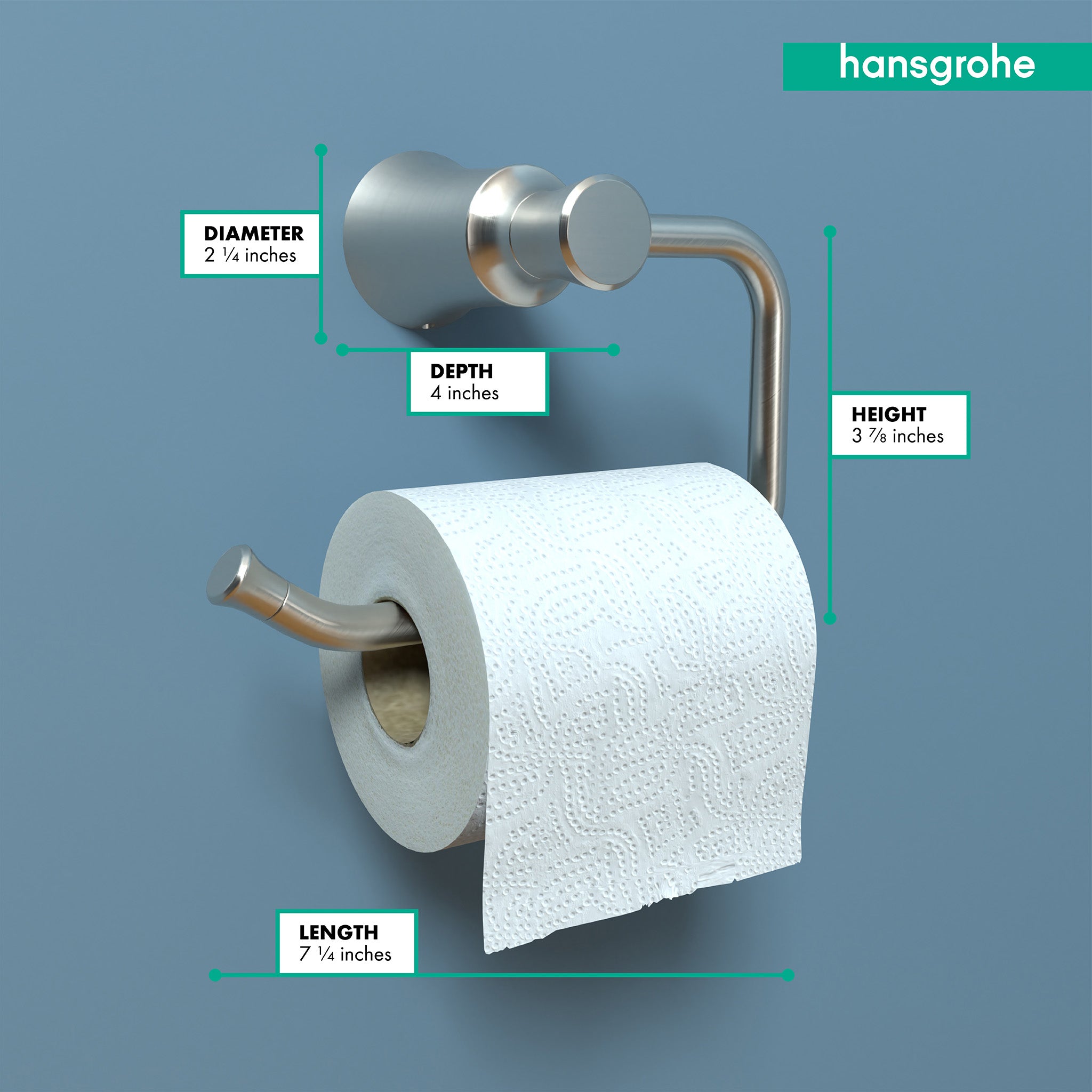 Brushed nickel toilet paper holder with curved arm and cylindrical roll holder, shown with white toilet paper roll.