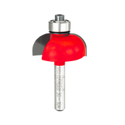 Red and gray cove router bit with silver shaft and bearing collar for woodworking.