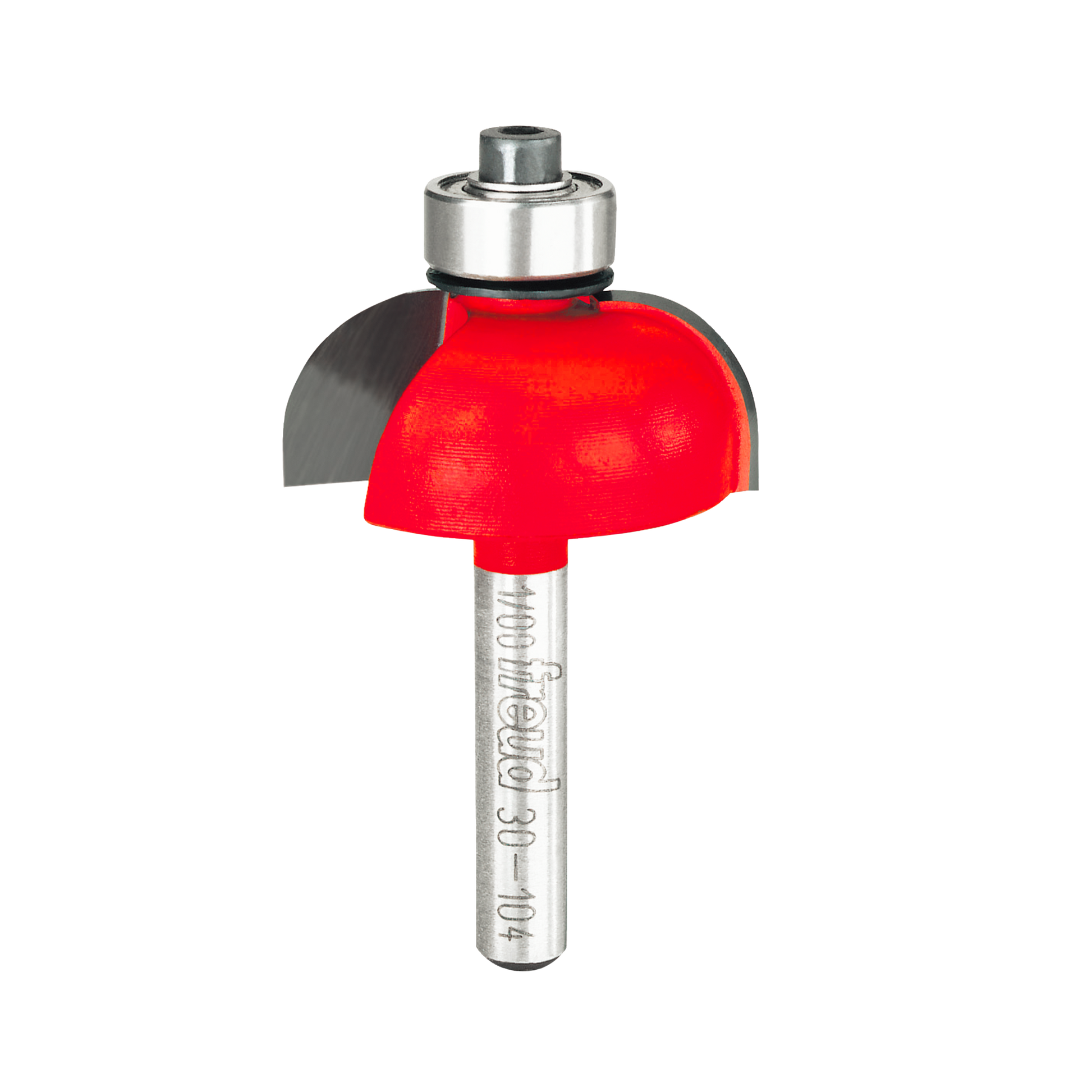 Red and gray cove router bit with silver shaft and bearing collar for woodworking.