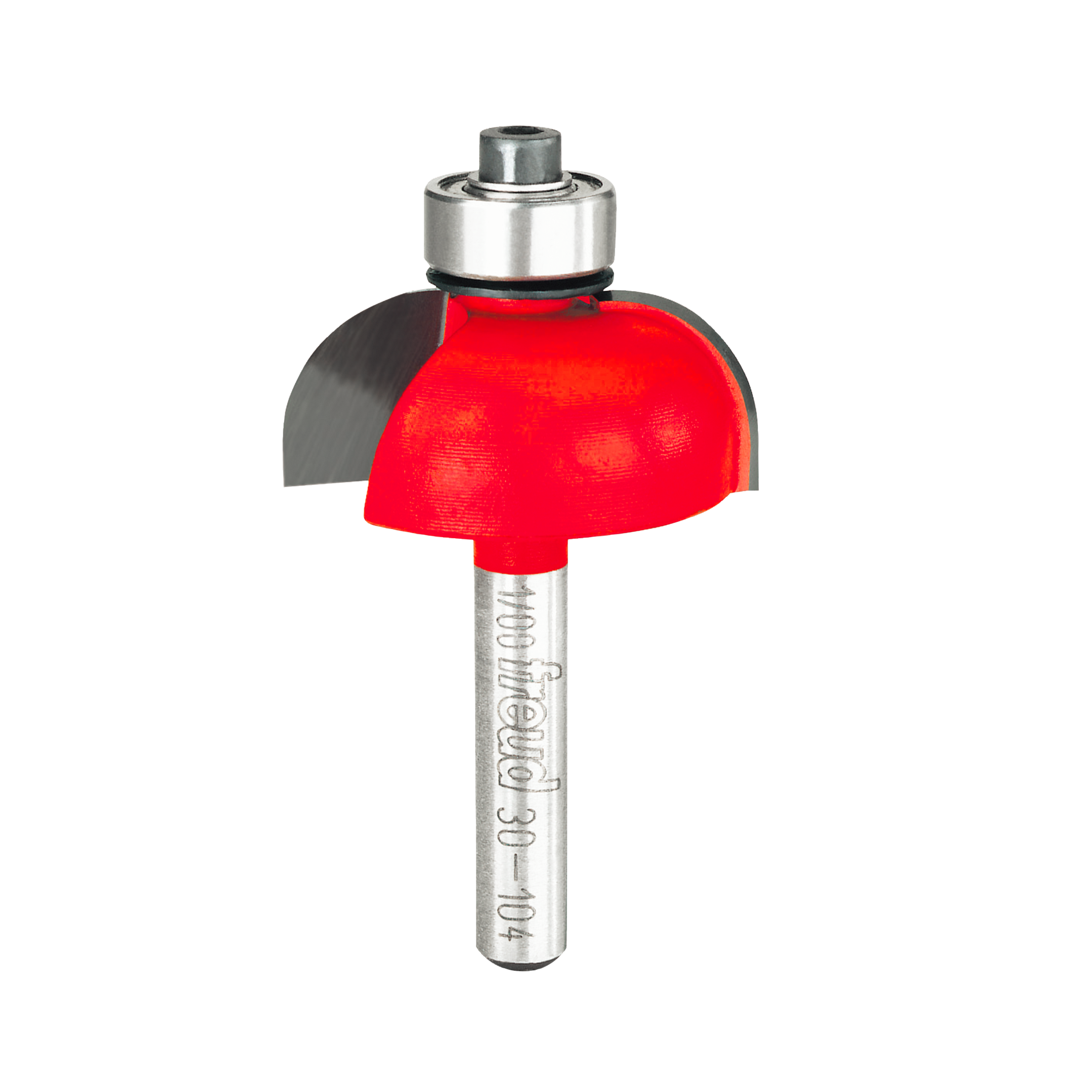 Red and gray cove router bit with silver shaft and bearing collar for woodworking.