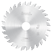 Circular saw blade with silver coating and alternating teeth around perimeter, central hole, and Freud branding.