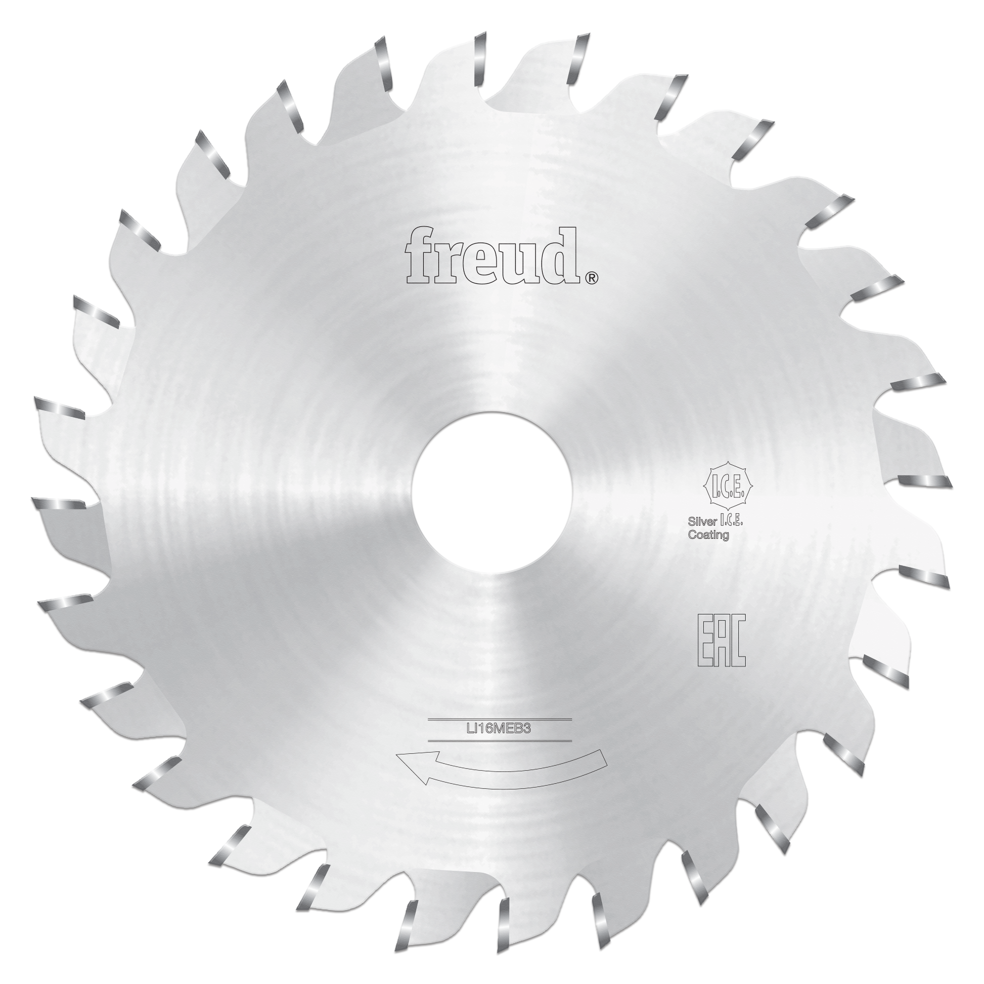Circular saw blade with silver coating and alternating teeth around perimeter, central hole, and Freud branding.