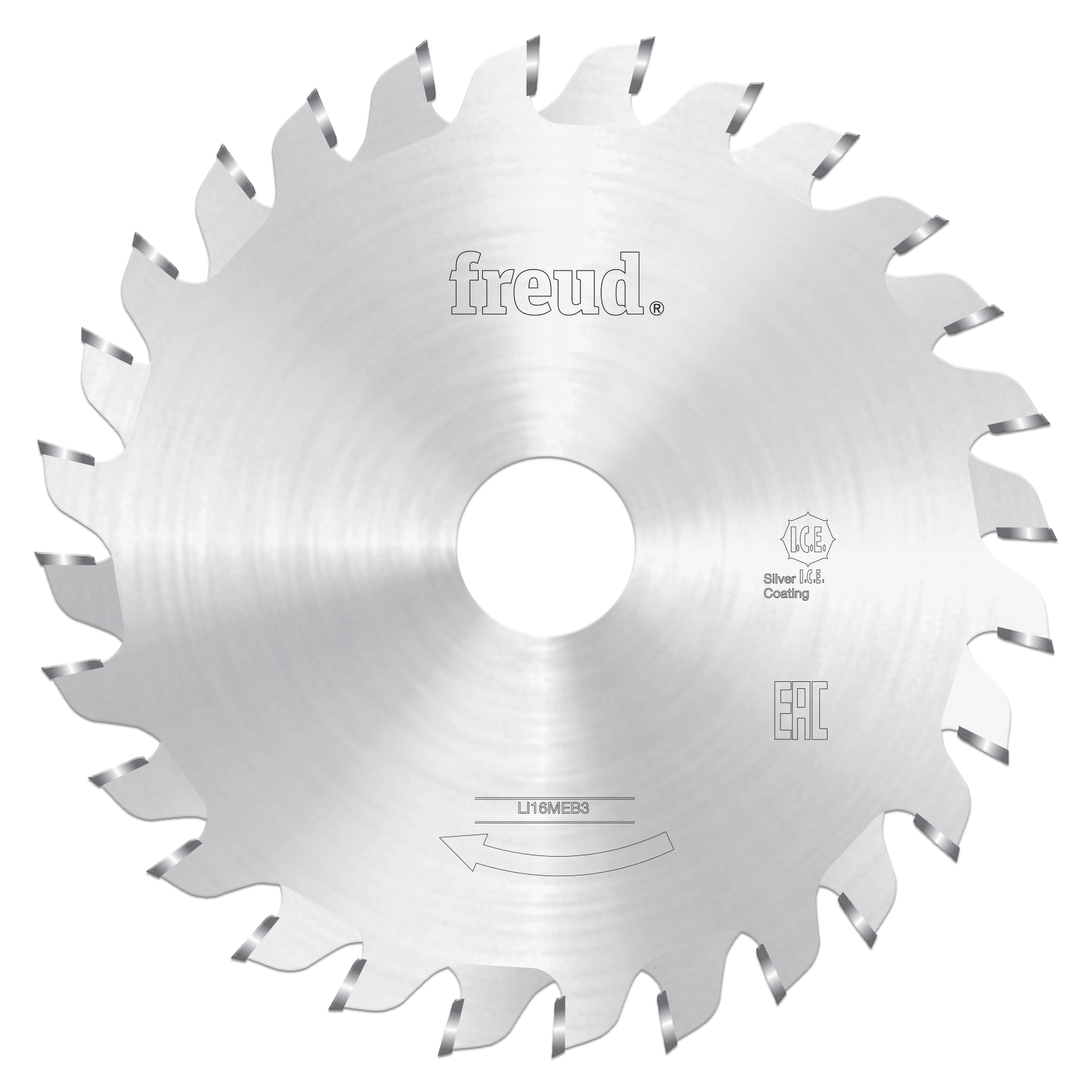 Circular saw blade with silver coating and alternating teeth around perimeter, central hole, and Freud branding.