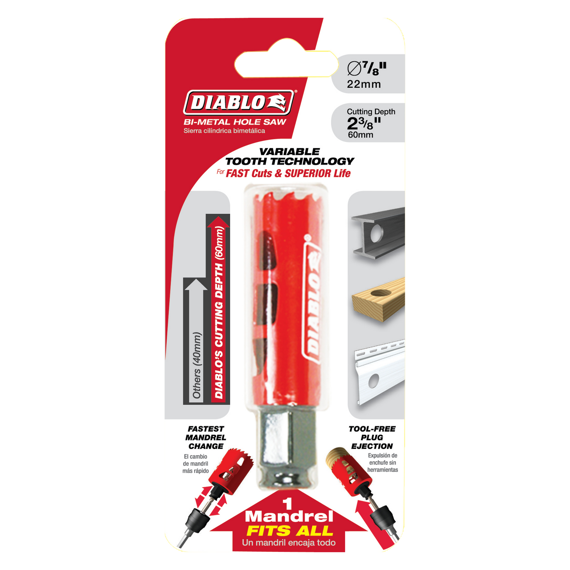Diablo 7/8 in. bi-metal hole saw with red body, variable tooth technology, and interchangeable mandrel in retail packaging.