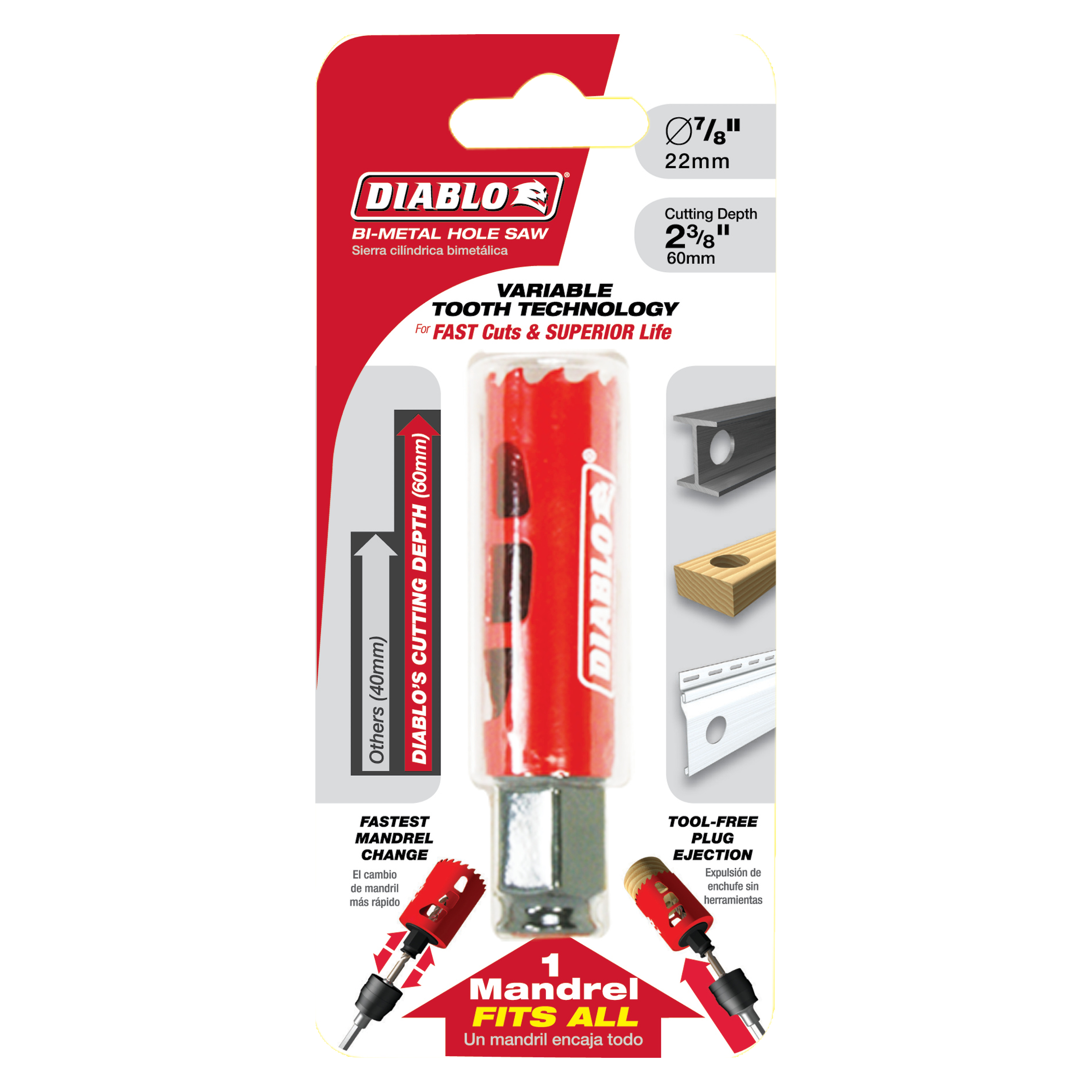 Diablo 7/8 in. bi-metal hole saw with red body, variable tooth technology, and interchangeable mandrel in retail packaging.