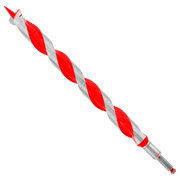 Red and gray spiral auger bit with pointed tip and hexagonal shank.