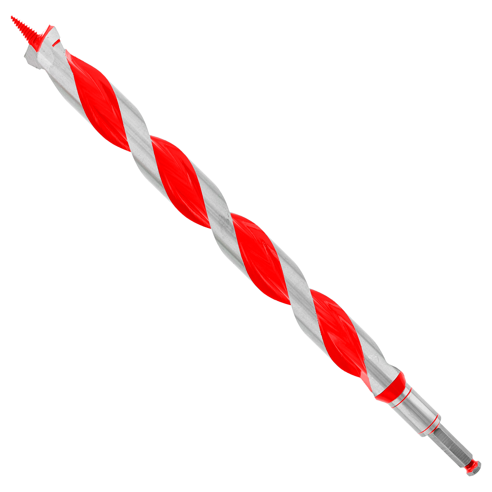 Red and gray spiral auger bit with pointed tip and hexagonal shank.