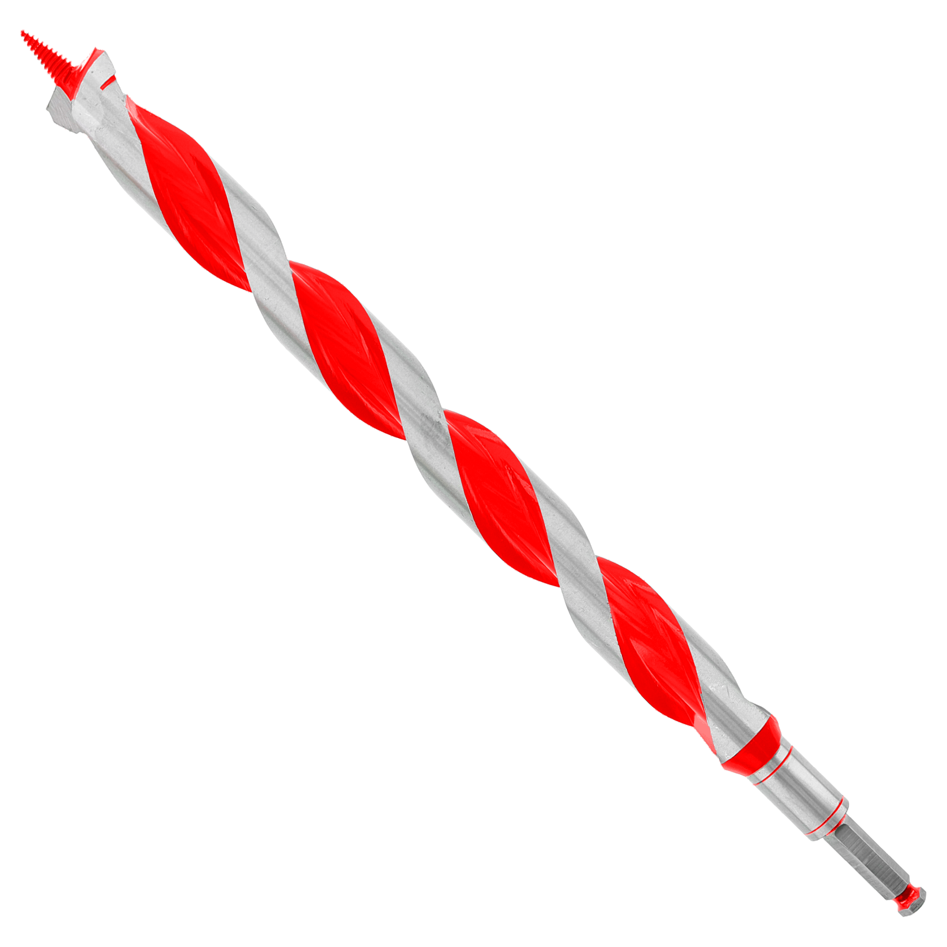 Red and gray spiral auger bit with pointed tip and hexagonal shank.