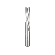 Spiral router bit with fluted cutting edges and cylindrical shank, metallic finish.