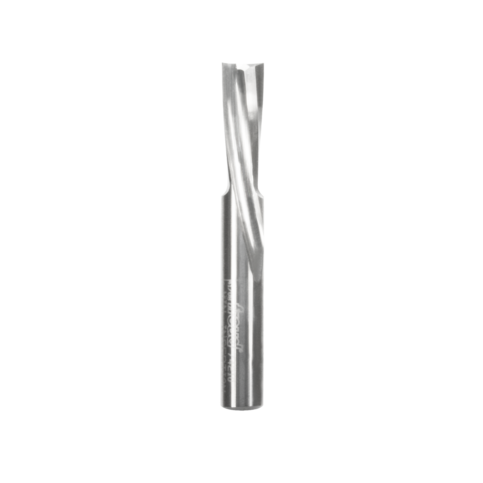 Spiral router bit with fluted cutting edges and cylindrical shank, metallic finish.