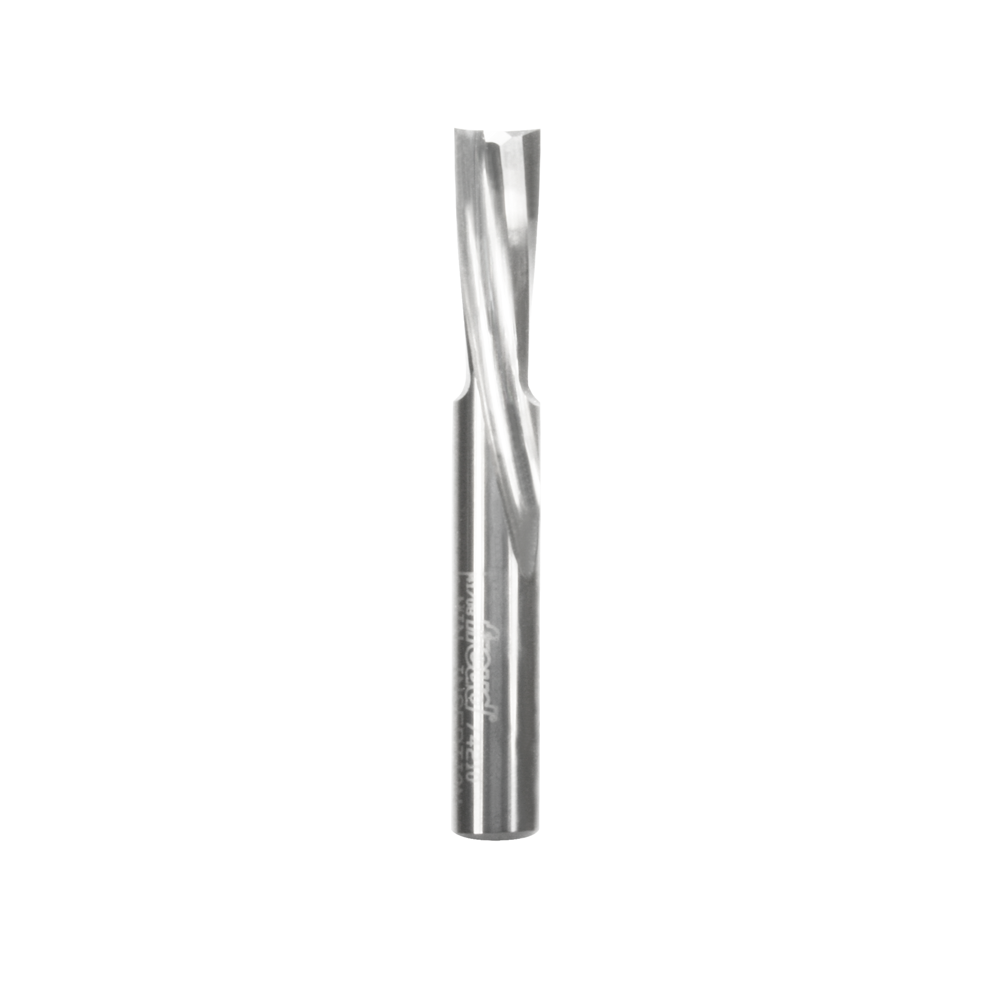 Spiral router bit with fluted cutting edges and cylindrical shank, metallic finish.