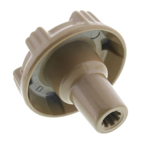 Beige plastic handle assembly with internal metal components and grooved grip ridges for Woodford faucet repair.