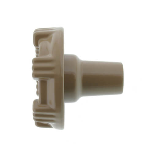 Tan plastic repair kit component with cylindrical stem and square mounting face featuring internal grooves.