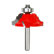 Red and steel classical cove and bead router bit with metal shank and bearing assembly.