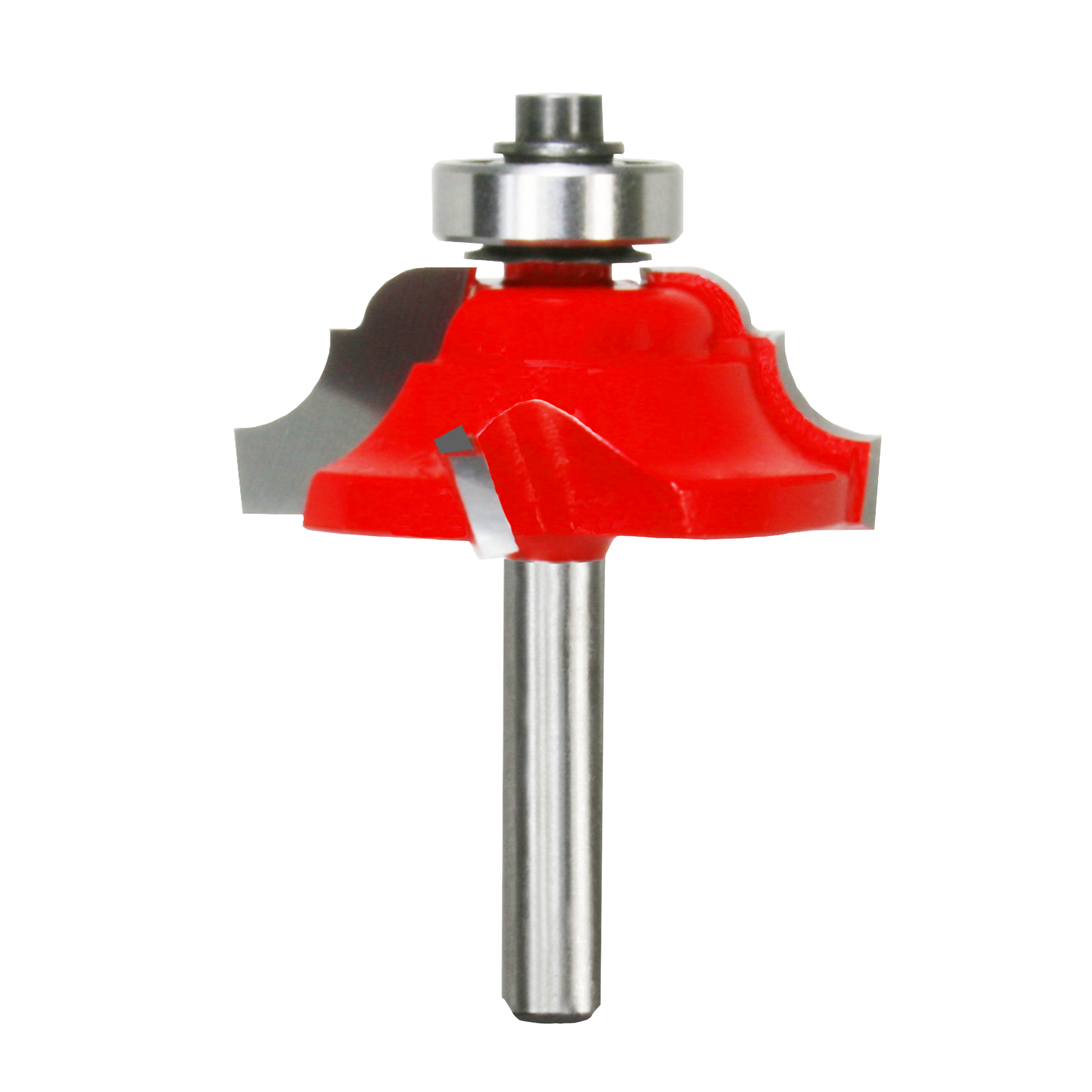 Red and steel classical cove and bead router bit with metal shank and bearing assembly.