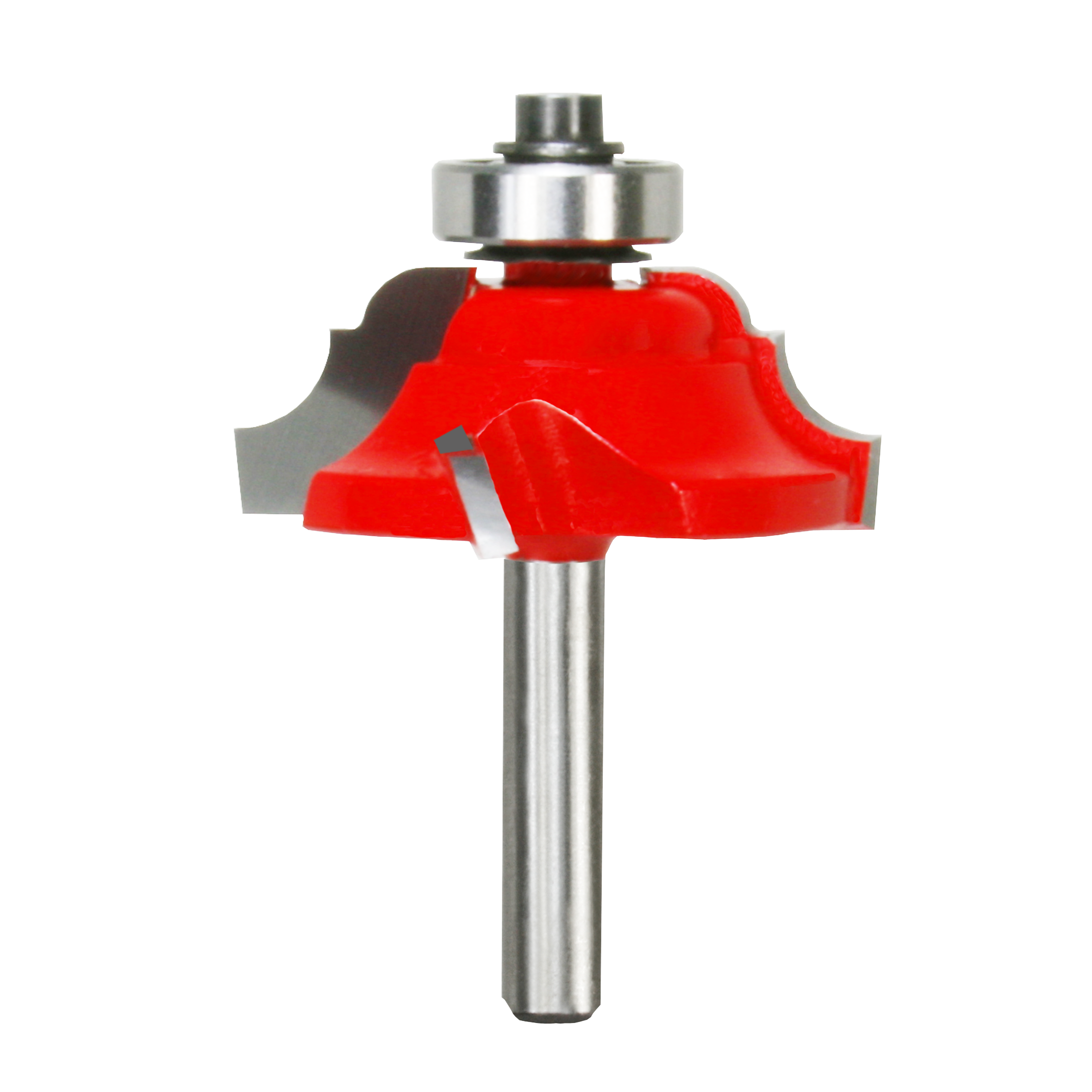 Red and steel classical cove and bead router bit with metal shank and bearing assembly.
