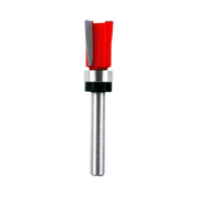Mortising bit with red cutting head, gray collar, black band, and metal shank on white background.