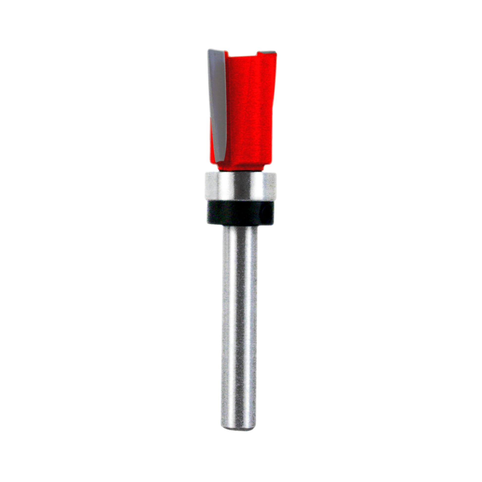 Mortising bit with red cutting head, gray collar, black band, and metal shank on white background.
