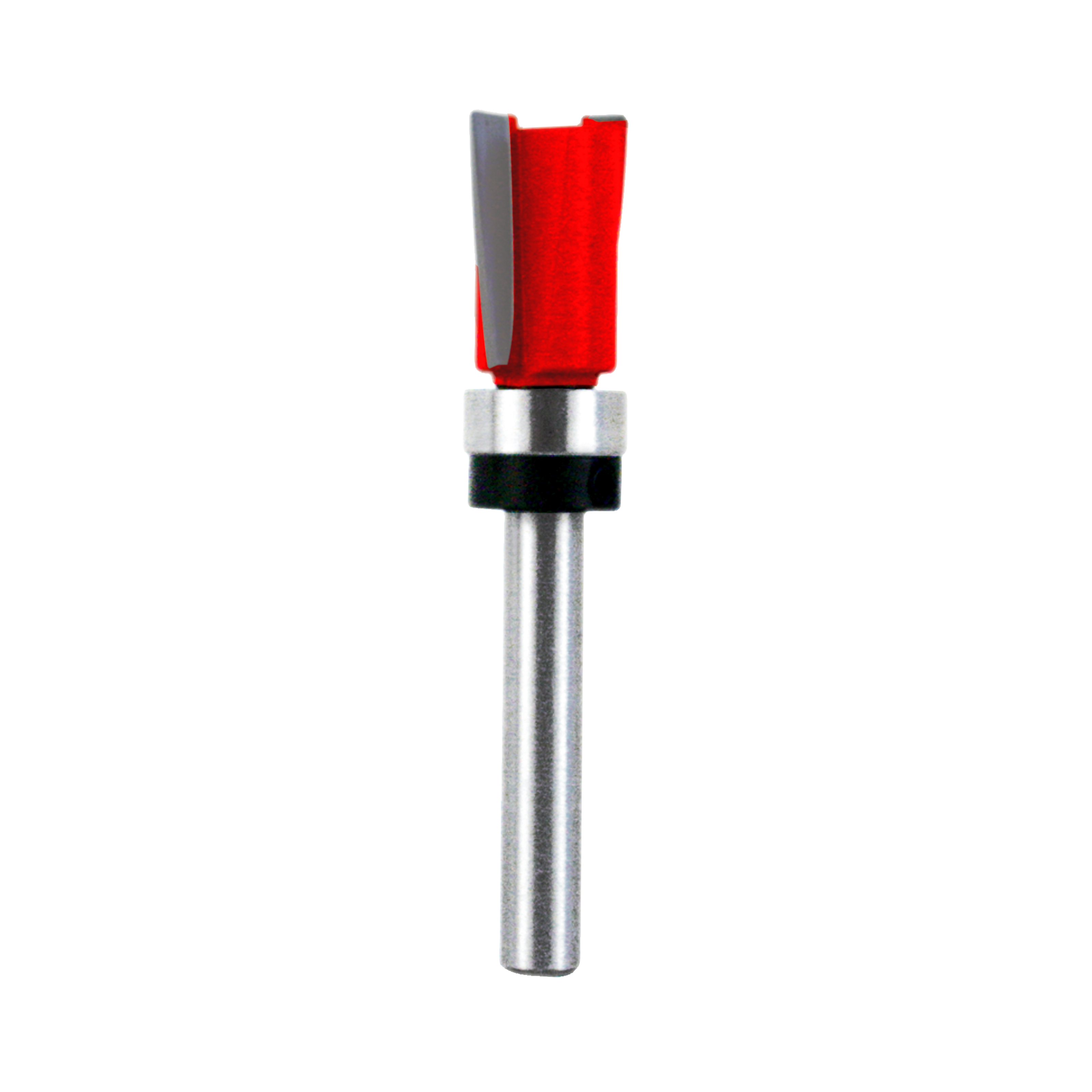 Mortising bit with red cutting head, gray collar, black band, and metal shank on white background.