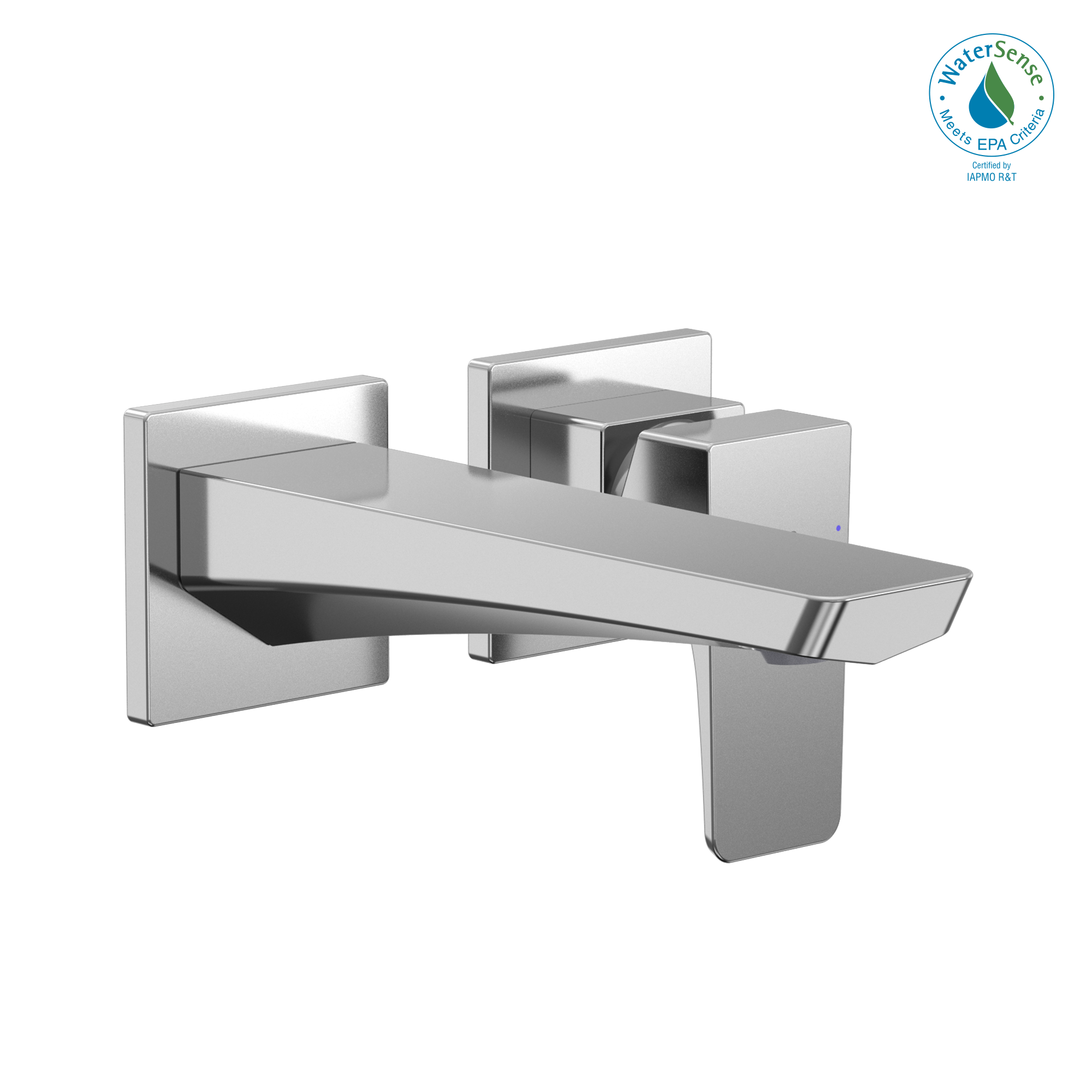 Polished chrome wall-mount bathroom faucet with single handle and angled spout extending from square mounting plates.