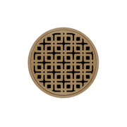 Satin bronze round drain cover with geometric interlocking square pattern.