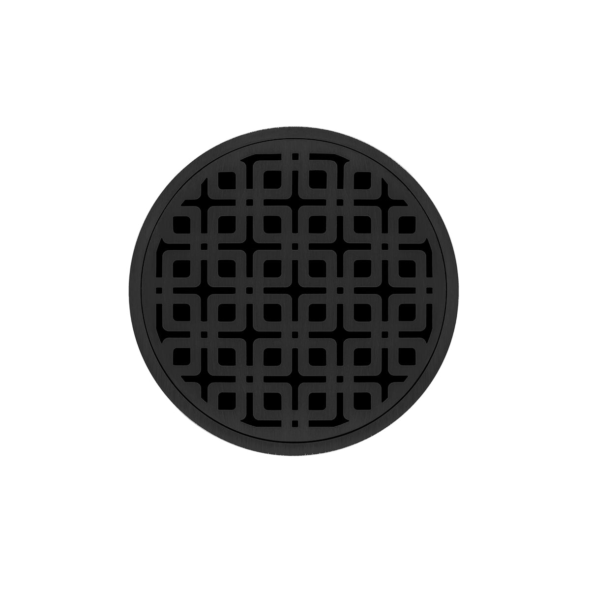 Matte black round drain cover with geometric grid pattern, 5 inches in diameter.