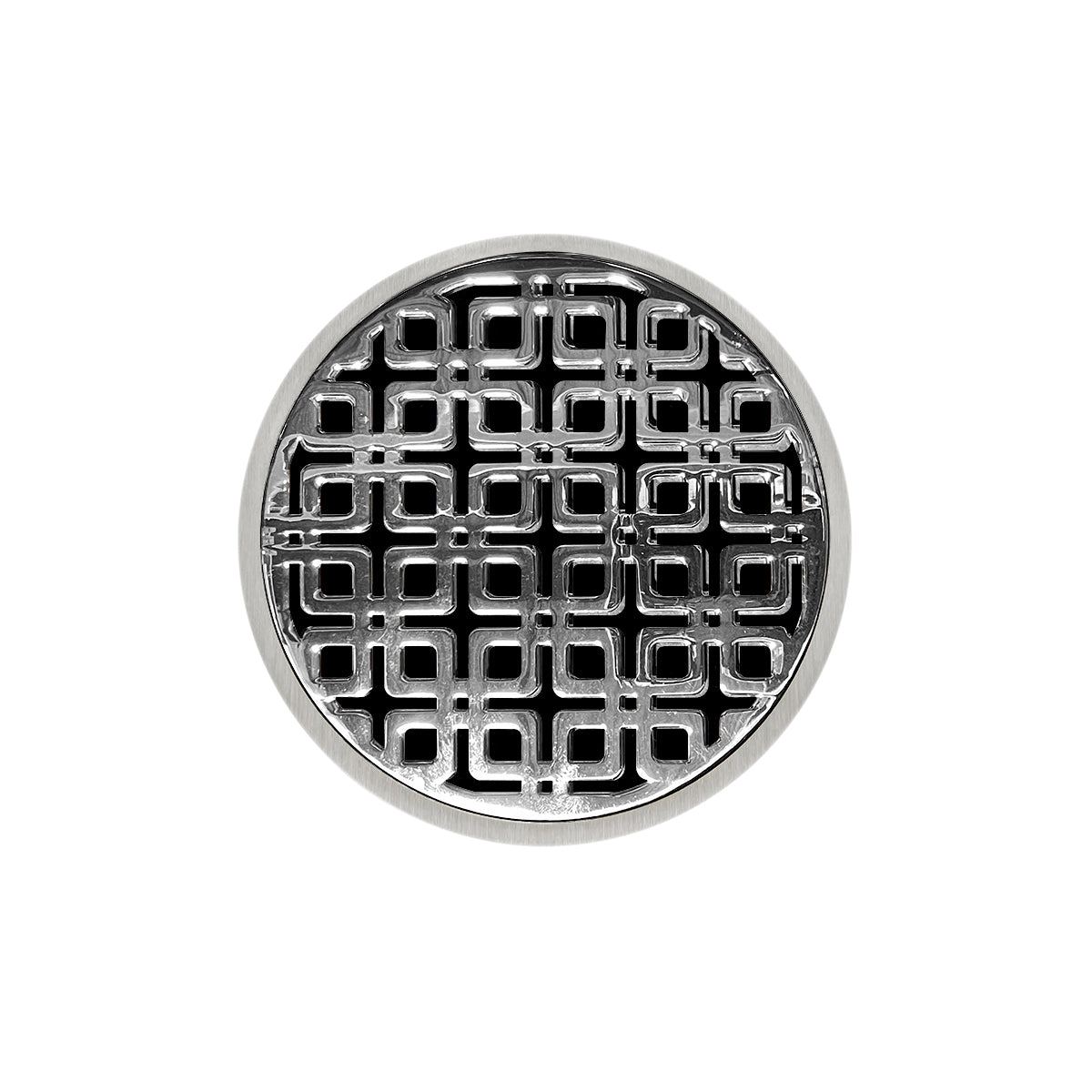 Polished stainless steel round drain cover with geometric square pattern grid design.