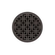 Round oil rubbed bronze drain grate with geometric square pattern design.