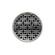 Polished stainless steel round drain cover with geometric square pattern grid design.