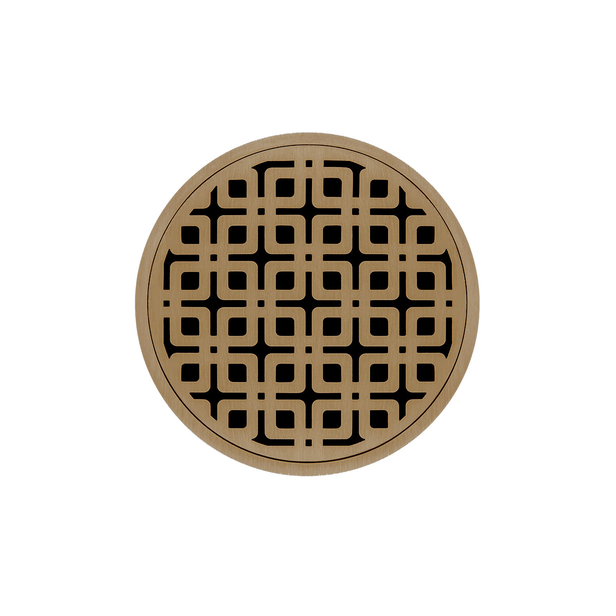 Round satin bronze drain grate with geometric square pattern design, 5 inches diameter.