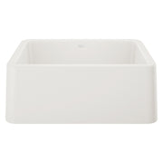White single-bowl farmhouse sink with apron front and rounded corners.