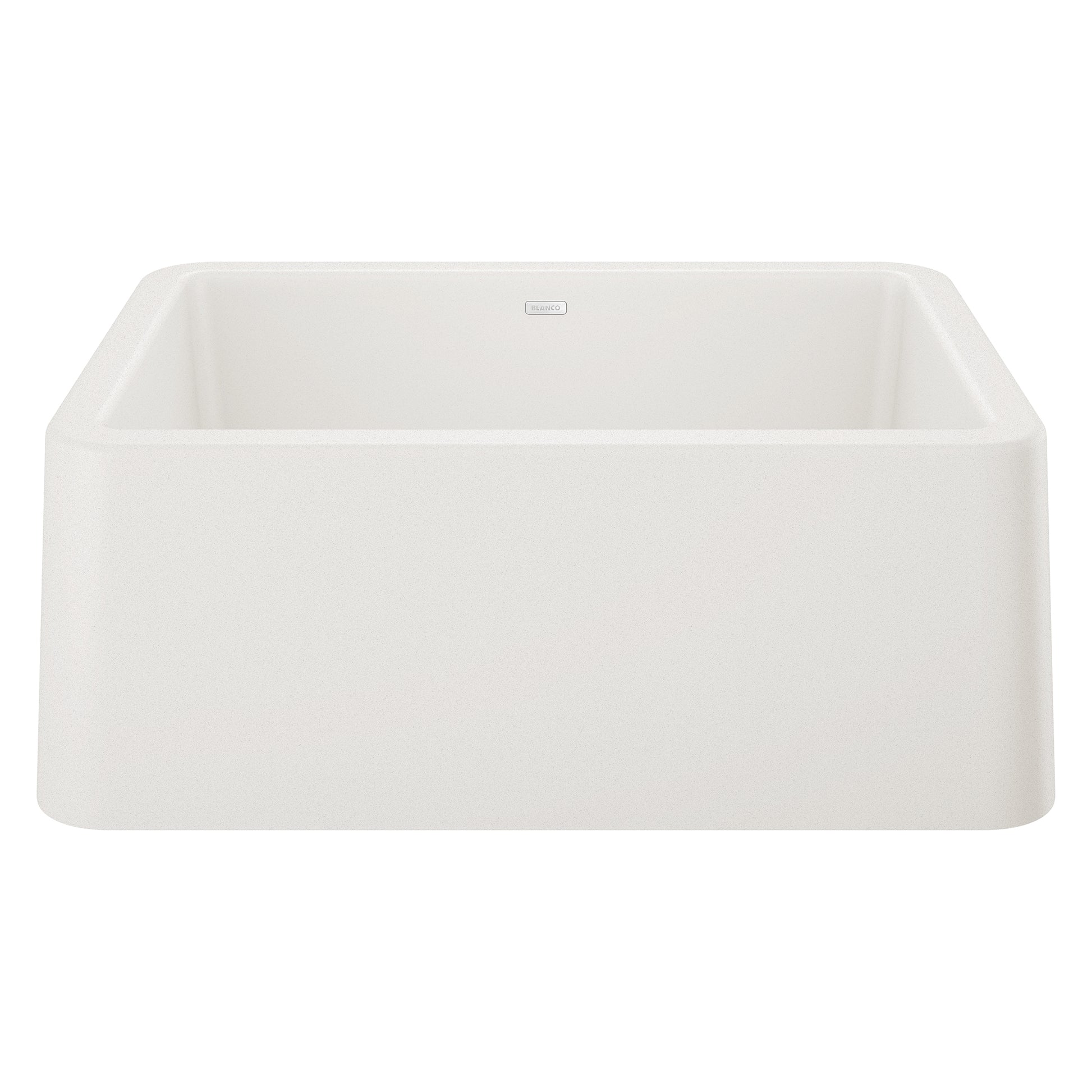 White single-bowl farmhouse sink with apron front and rounded corners.