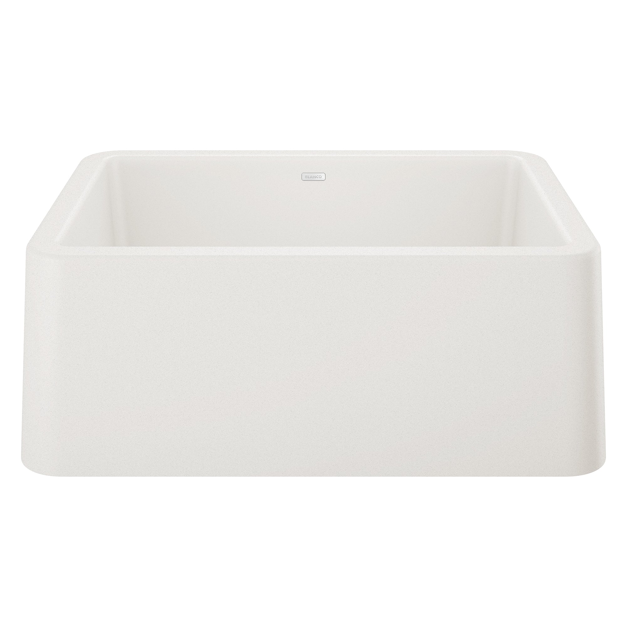 White single-bowl farmhouse sink with apron front and rounded corners.