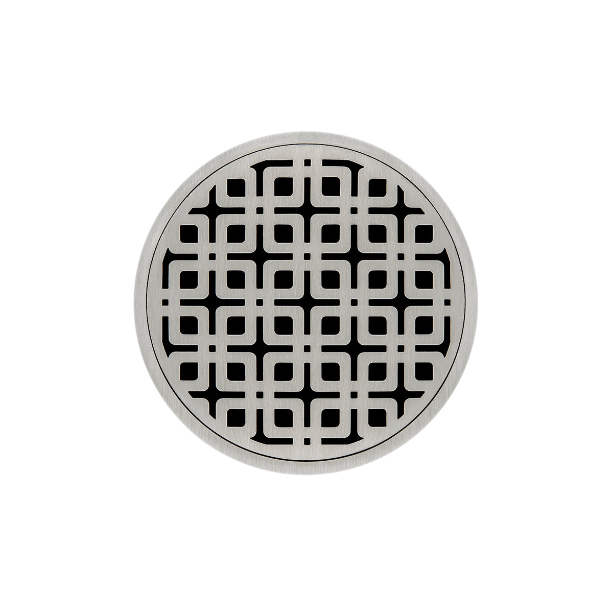 Round satin stainless steel drain cover with geometric square pattern and center drain opening.